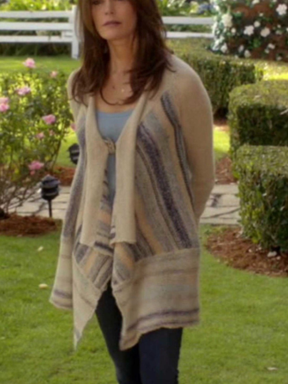 Free People Beige and Blue Striped Open Cardigan
